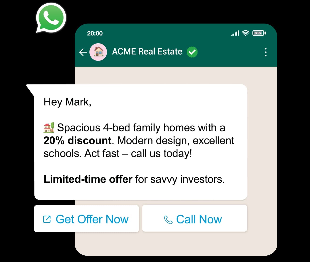 A promotional WhatsApp broadcast on a phone